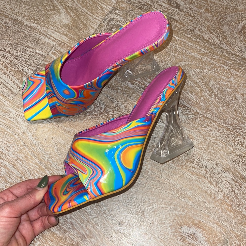 Barbie Pink Green Yellow Orange Transparent Clear Lucite Thong Sandal Heels